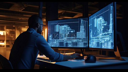 建筑师背景图片_夜间建筑师自由职业者深夜在商务办公室创建 3D 容器设计