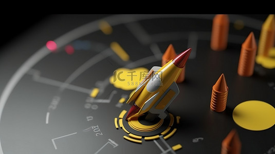 科技火箭背景图片_火箭翱翔的 3D 渲染，具有等轴视图中的生长图和硬币
