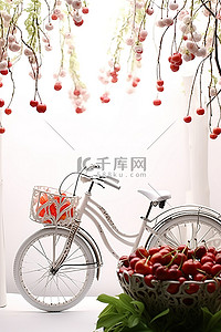植物香背景图片_有樱桃植物和礼物的白色自行车