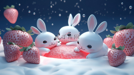 可爱的兔子在多汁的草莓中休息在月亮上的梦幻场景，以 3D 渲染为摇篮曲主题