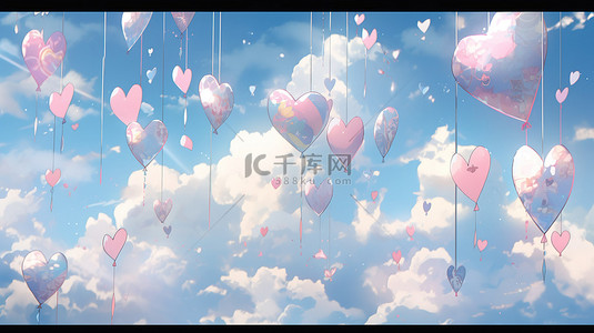 快乐情人节背景图片_柔和的云彩天空与 3d 渲染悬挂的心