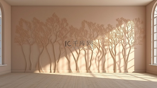 阴影白色背景图片_带树影 3D 渲染和插图的奶油墙