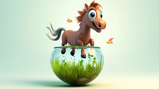 搞笑的 3D 马拿着一个滑稽的鱼缸