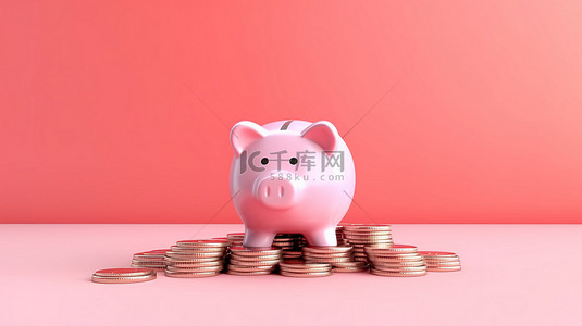 粉红色背景的插图，具有省钱和投资的 3D 概念