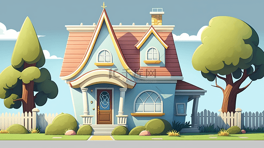 房子卡通蓝色树木背景