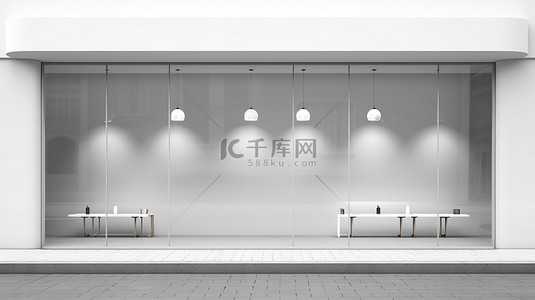 时尚的现代店面，空荡荡的内饰，由玻璃和白色铝制 3D 插图渲染制成