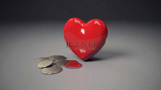 红色心形钱盒，配有硬币 3d 渲染