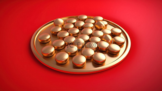 红色哑光背景上的药物图标闪亮的金色药丸 3d 渲染