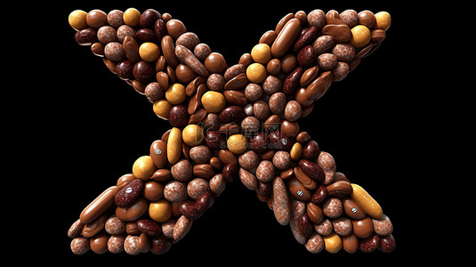 用巧克力涂层豆糖构造的字母“x”的 3D 插图