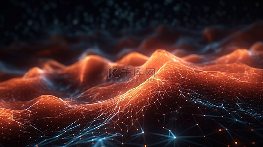 未来派声音粒子在辐射网格背景抽象 3D 渲染中流动