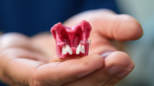 学生作品展板背景图片_一名学生在镜头前展示 3D 打印塑料假牙的裁剪图像
