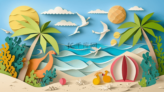 海滩剪纸背景图片_夏季海滩海鸥剪纸
