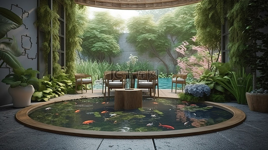 宁静的半室外空间虚拟模拟，拥有美丽的鱼塘景观
