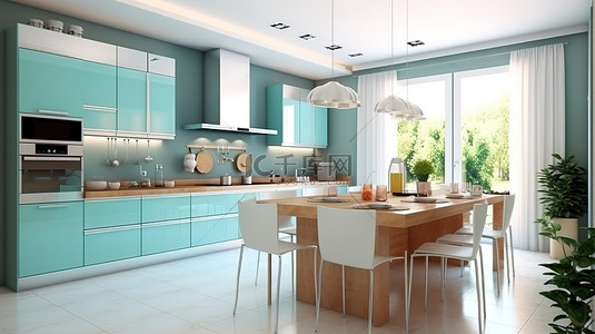 白色窗户背景图片_现代厨房岛，配有时尚座椅，采用紧凑型厨房设计的 3D 渲染