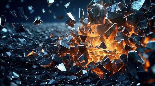 金属碎片散落在碎玻璃和喷砂金属背景中的 3D 插图