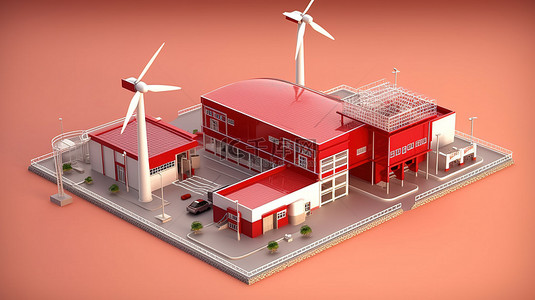 红色背景板背景图片_3D 模型展示了一个带有太阳能电池板的发电厂和一个风电场太阳能站，在一个孤立的红色背景顶部和侧面视图