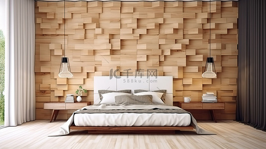 时尚时尚的 3D 渲染现代卧室，配有木格子和砖图案墙壁装饰