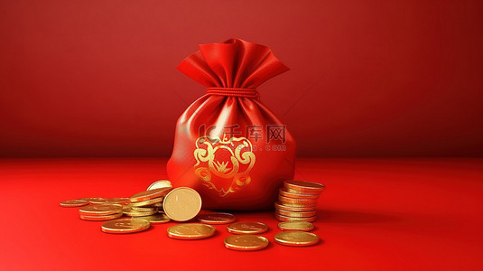 有光泽的红色钱袋与中国金币 3D 渲染插图在红色背景