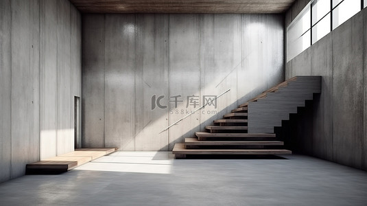 带楼梯的开放式混凝土内部的 3D 渲染