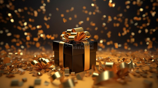 金色五彩纸屑在 3D 渲染的节日背景上包裹着礼物