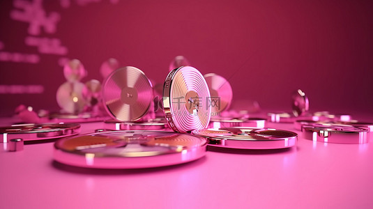 数字艺术和音乐硬币 3d 在充满活力的粉红色背景插图上呈现不可替代的代币，用于使用区块链技术进行买卖