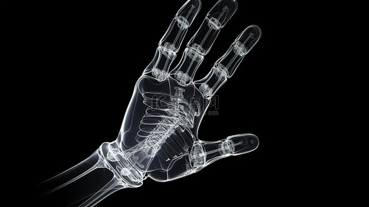 张开的手掌背景图片_3D 渲染中带有张开手掌 X 射线的孤立黑色背景机器人手
