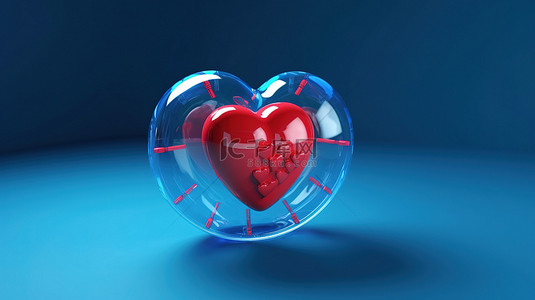 3d 渲染爱情概念蓝色背景，带有包含红心的蓝色气泡消息