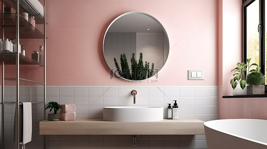 灰色砖墙背景图片_斯堪的纳维亚风格的酒店浴室粉色瓷砖墙大镜子和角落里的灰色洗脸盆 3D 渲染
