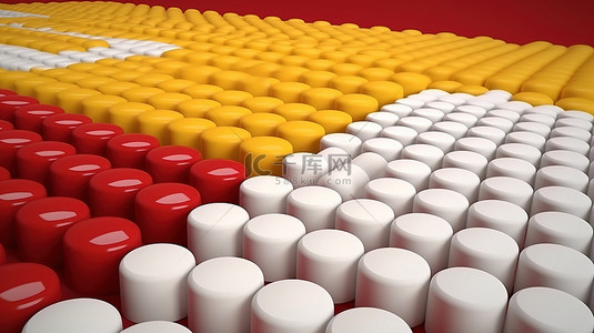 黄色背景下的 3D 插图中甚至有一排红色和白色的药物胶囊和药片