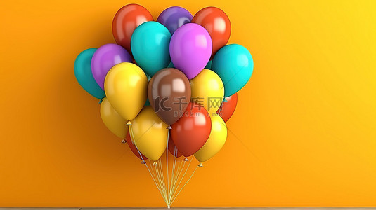 系列系列背景图片_充满活力的气球系列在 3D 渲染的阳光明媚的黄色墙壁上