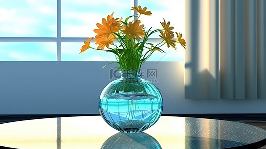 光线昏暗的矿洞背景图片_光滑的玻璃桌和优雅的花瓶 3D 渲染