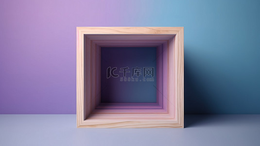 蓝色和紫色的现代木箱，在光墙背景上具有 3d 效果
