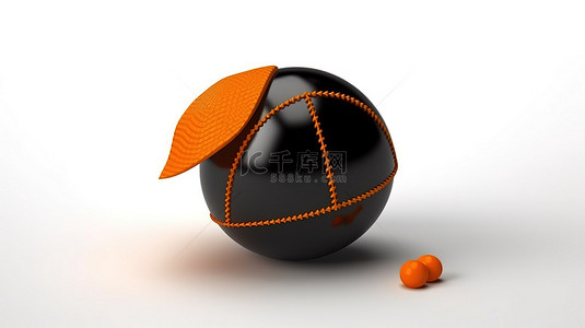 快乐学习插图背景图片_白色背景上橙色篮球上方放置的学术帽的 3D 渲染，以庆祝毕业