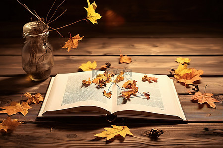 秋叶和树枝书或木桌上的拉链文件夹