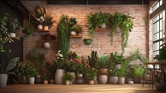 内有背景图片_咖啡馆或花店内有花卉和植物的室内花园的 3D 渲染