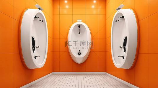 橙色背景公共卫生间男士单色小便池的 3D 渲染