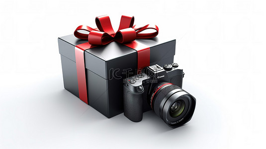 白色背景的 3D 渲染，带有礼品盒，展示了用红丝带绑着的现代数码相机