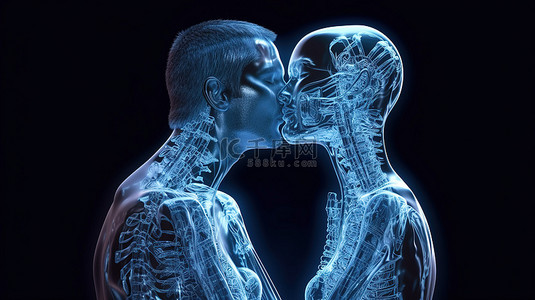 30关系背景图片_X 射线夫妇男性和女性机器人在 3D 渲染中分享一个吻