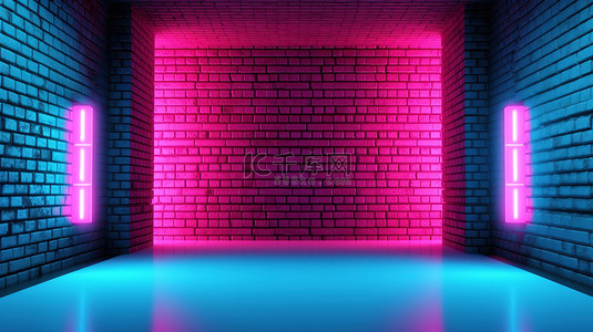 带光感的墙背景图片_带砖墙舞台背景的粉色霓虹灯房间的 3D 插图