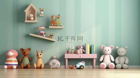 3D 渲染的俏皮儿童房，配有毛绒动物玩具和墙壁装饰