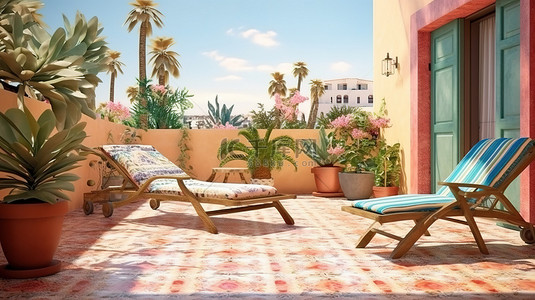 墨西哥主题露台的 3D 渲染，配有躺椅游泳池玛格丽塔酒和棕榈树，非常适合夏季