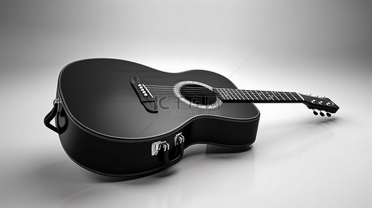 古典荷包背景图片_光滑的黑色原声吉他搁在黑色皮盒上，在 3D 渲染的白色背景下