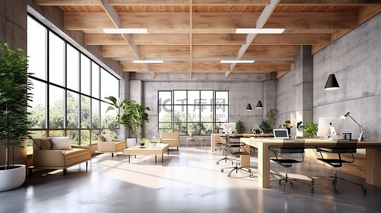 桌面空间背景图片_时尚的联合办公空间，配有混凝土和木质元素自然光和家具 3D 渲染