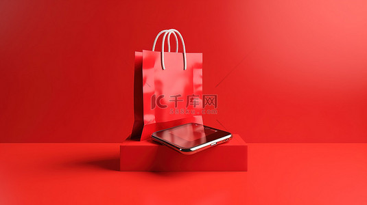 在线购物和电子商务概念智能手机，红色背景上带有 3D 渲染的购物袋