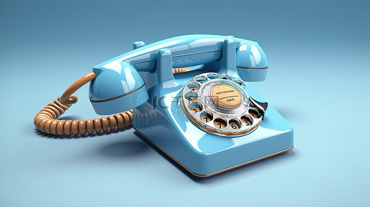 白色和蓝色背景下老式蓝色旋转电话的 3D 渲染