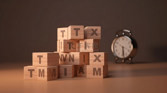 税务筹划背景图片_在 3D 渲染中描绘纳税时间图标的装饰木块