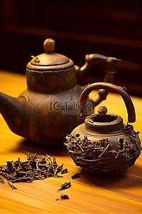 茶叶水背景图片_2个旧中国茶壶坐在木桌上
