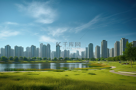 湖上游船卡通背景图片_一个在绿色田野上有许多高楼大厦的城市