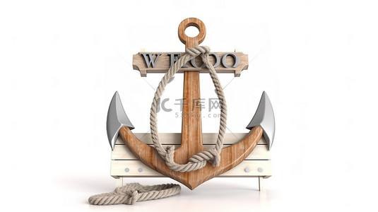 章背景图片_白色背景上带丝带和欢迎标志的航海锚的 3D 渲染