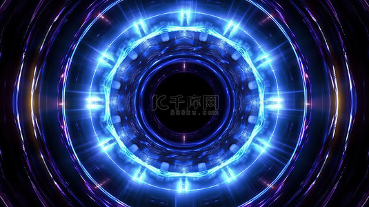 圆线背景图片_万花筒 3D 抽象背景中蓝色霓虹灯线形成的圆形隧道